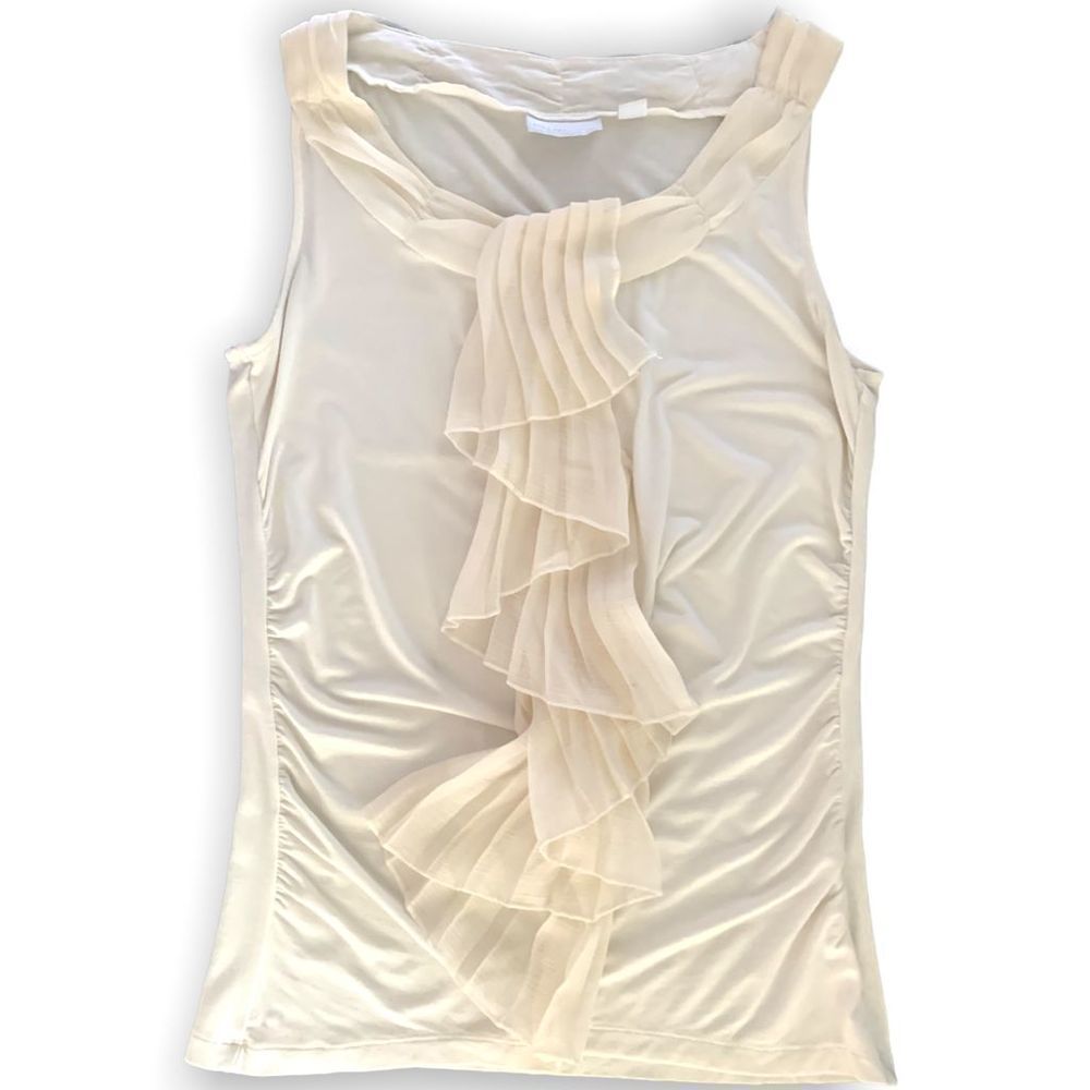 New York & Co Cream Pleated Ruffle Front Scarf Sleeveless Shell Top M (A-008)